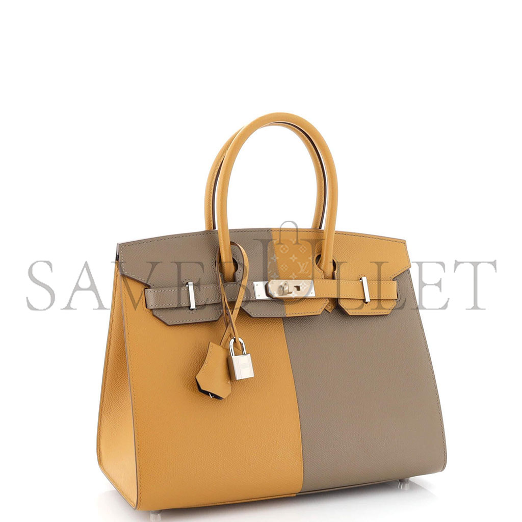 HERMÈS BIRKIN 25 EPSOM ELEPHANT GREY AND SESAME WITH FLORIDA BLUE INTERIOR SILVER BUCKLES H028367CC03 (25*18*13cm)